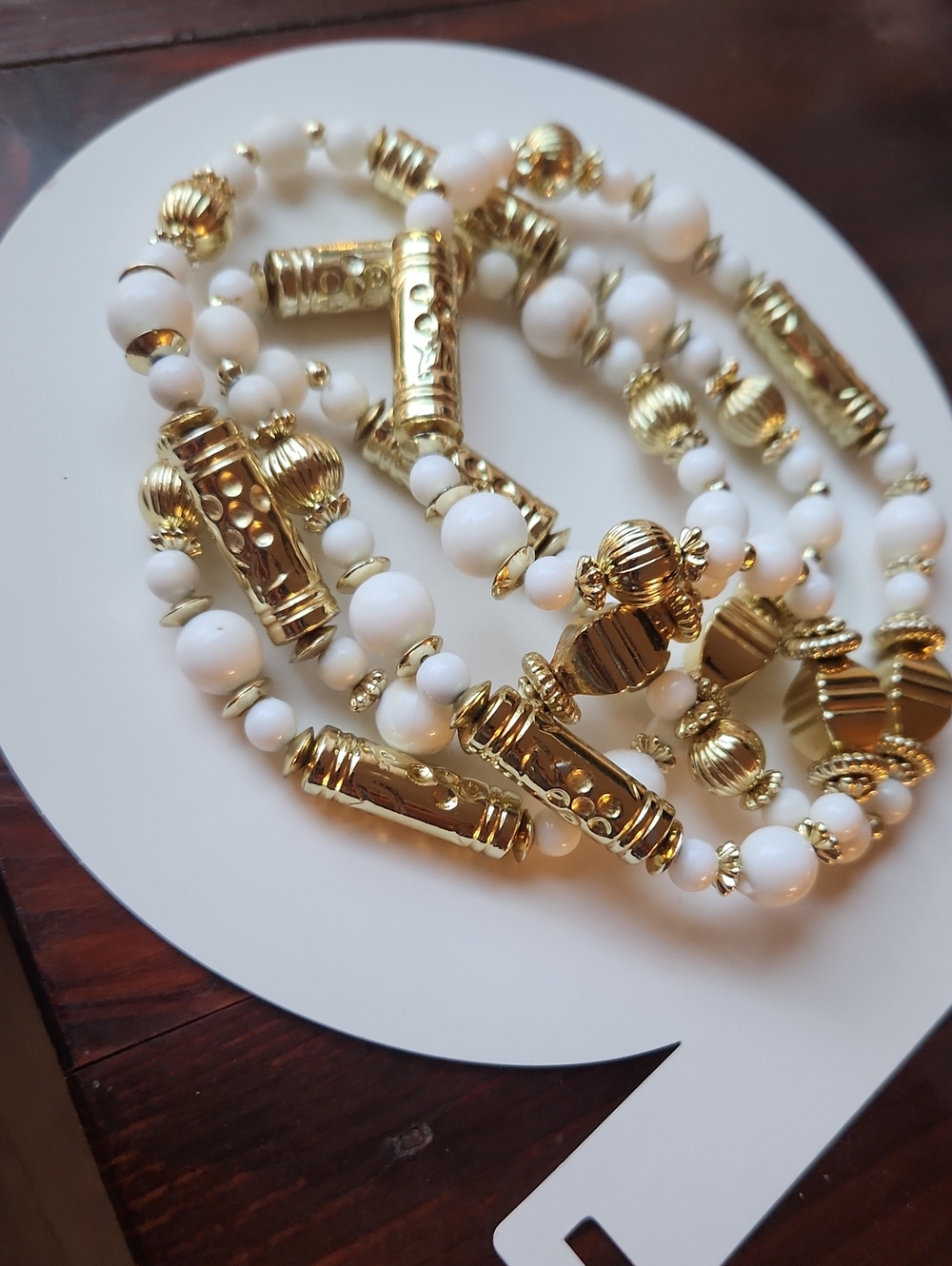 Gold and White Beaded Statement Necklace - Elegant Women's Jewelry